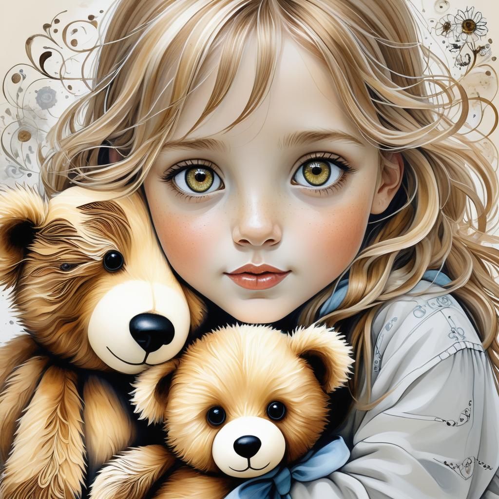 Adorable Girl with Teddy Bear Ink Drawing