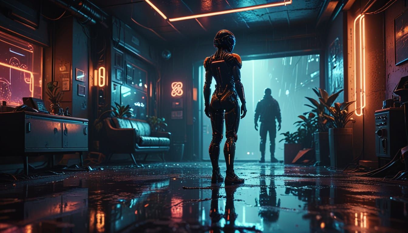 Sci-Fi Figure in Dimly Lit Neon Room