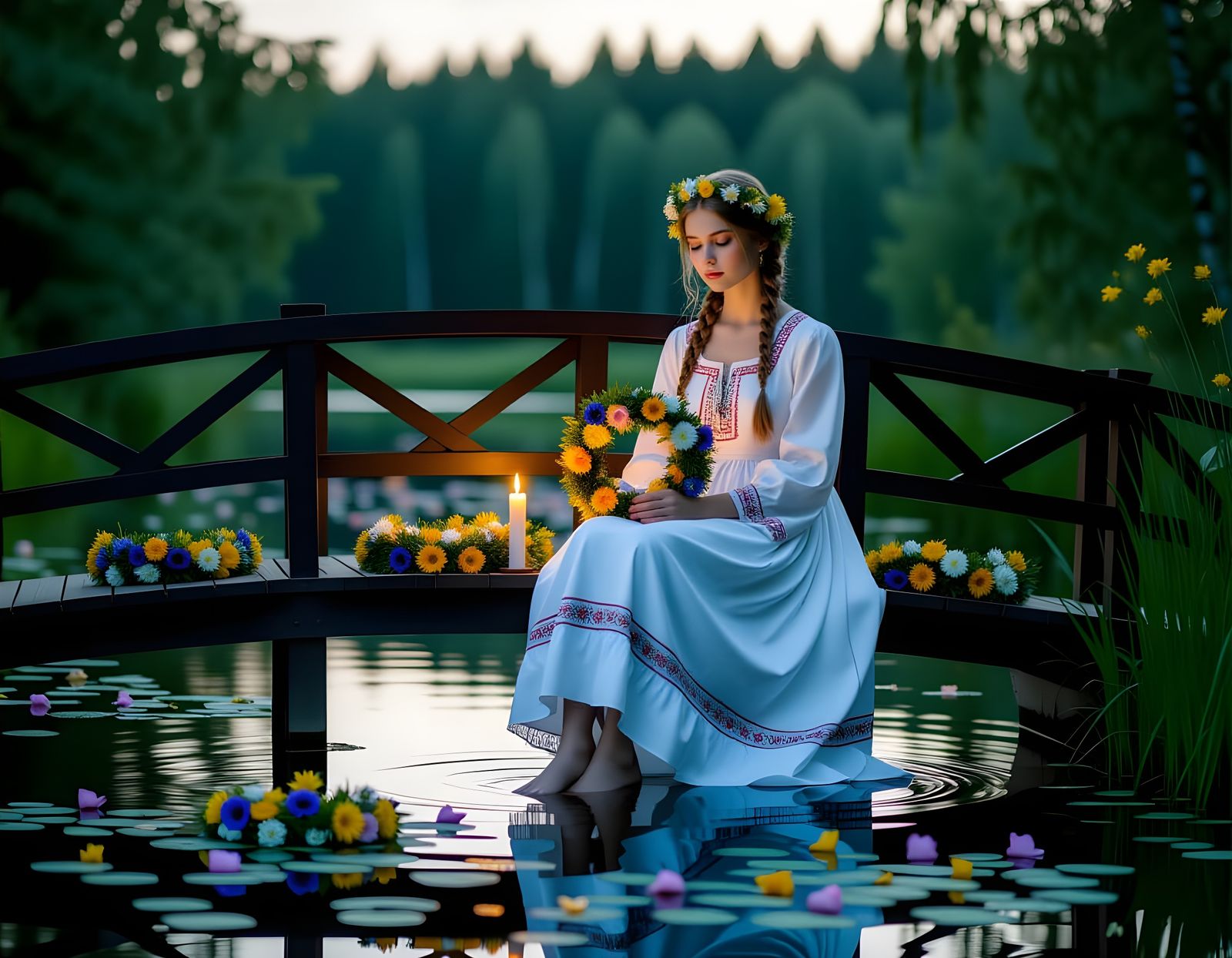 Girl with Wildflowers on a Bridge at Night