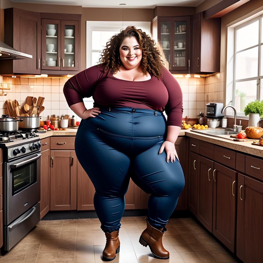 Beautiful Overweight Woman Smiling in Elaborate Kitchen