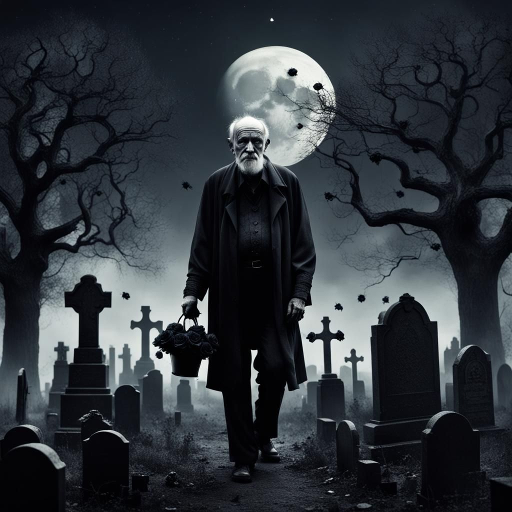 Gothic Graveyard Scene with Sad Old Man