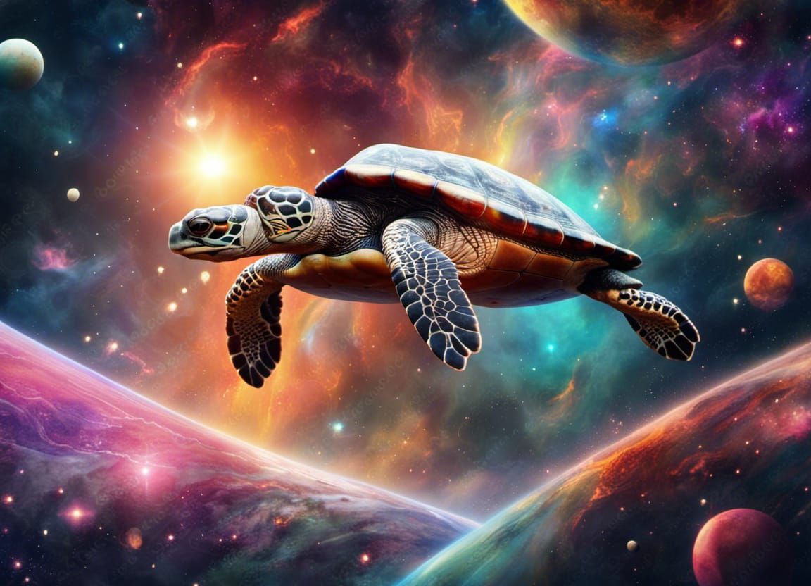 Turtle's Colorful Space Swim: A Digital Painting
