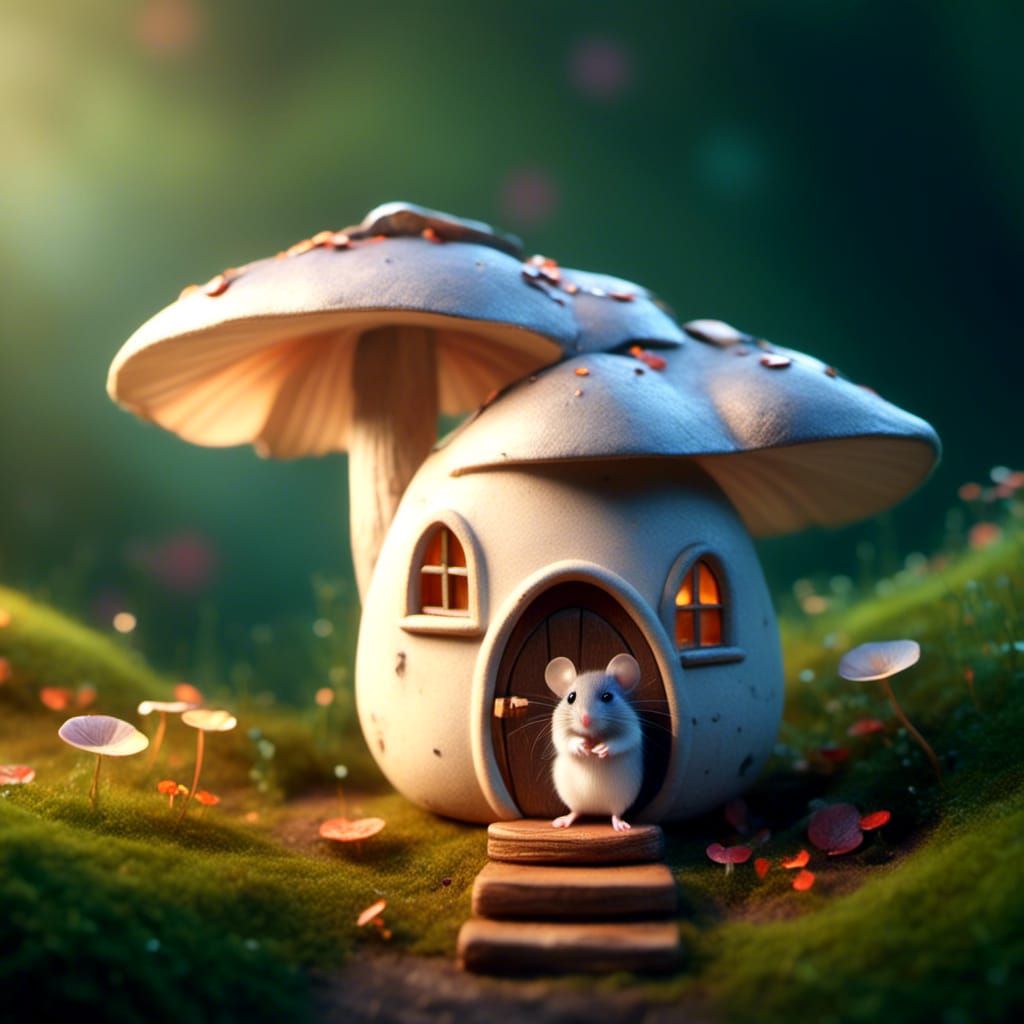 Cute Grey Mouse in Adorable Mushroom House