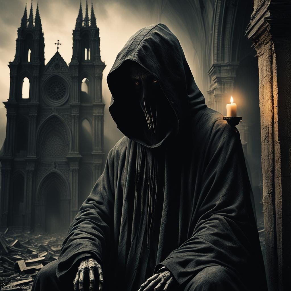 Eerie Hooded Figure in Ruined Cathedral