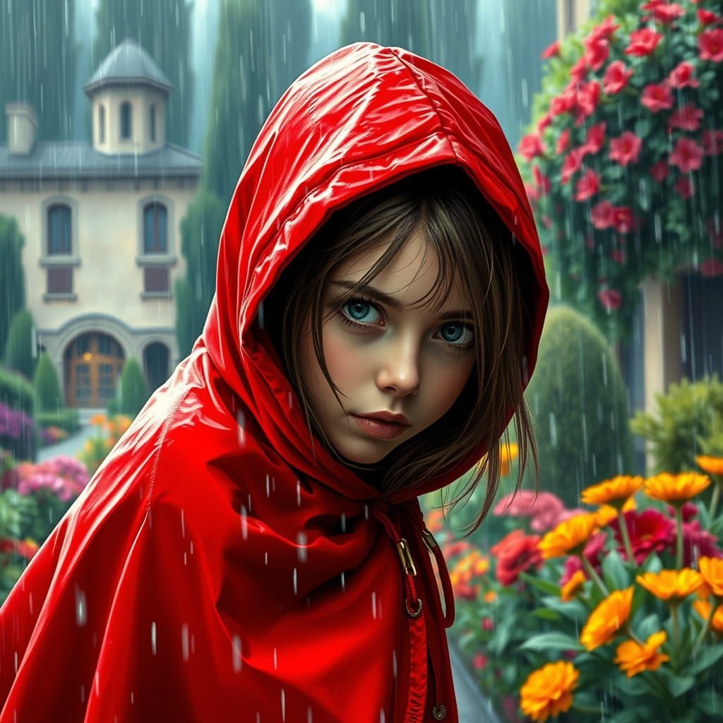Girl in Red Hooded Cape in Stormy Italian Garden