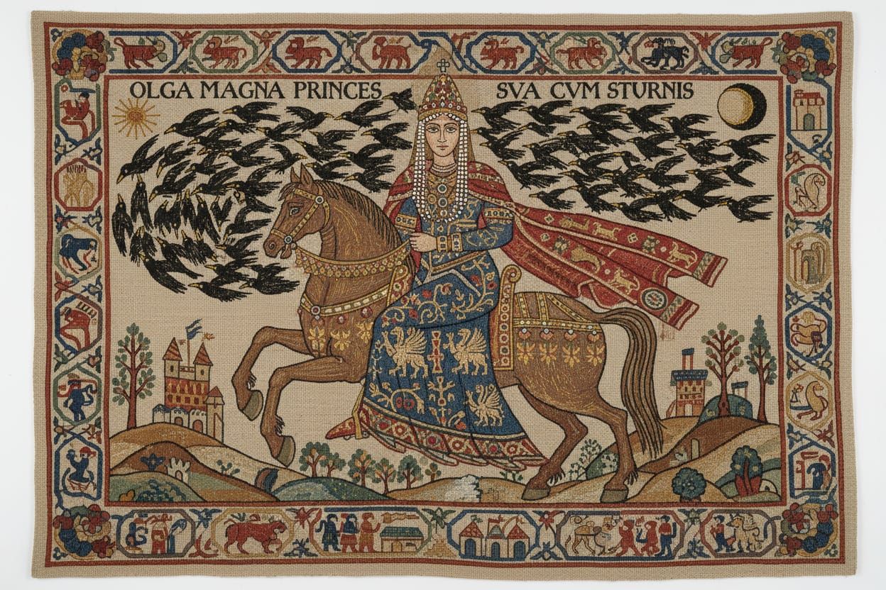 Olga of Kyiv, Bayeaux Tapestry style,  & starlings, resplend...