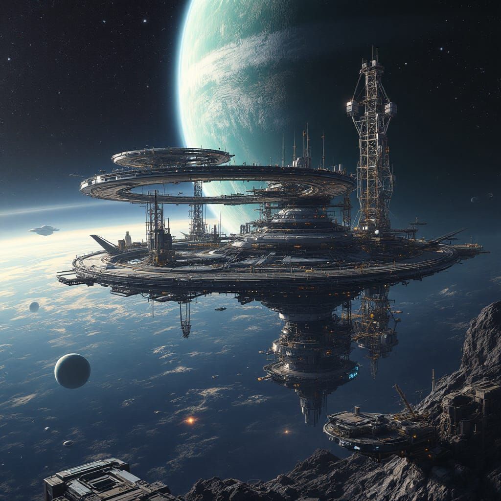 Space Station Construction in Orbit, Futuristic Industrialis...