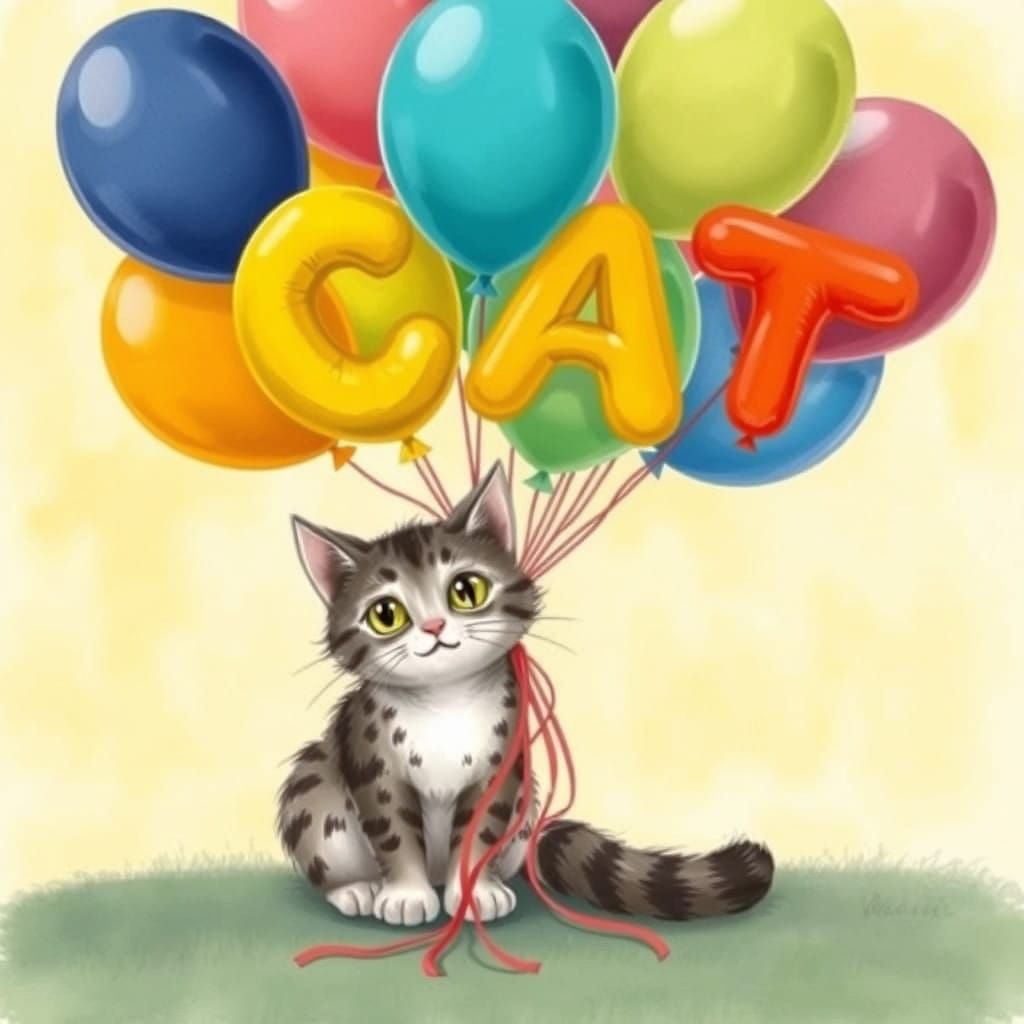 Whimsical Cat Surrounded by Colorful Balloons in a Sunny Gar...