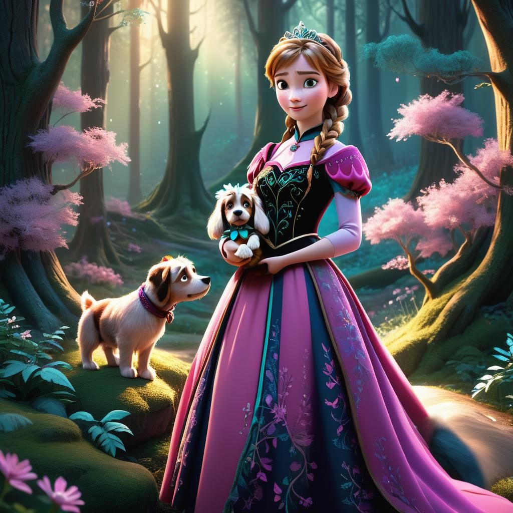 Princess Anna with Puppy in Whimsical Forest