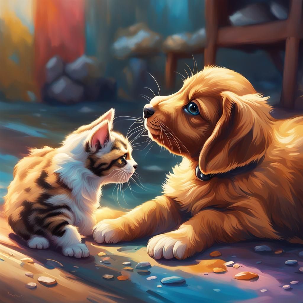 Hyperrealistic Puppy and Cat Playtime