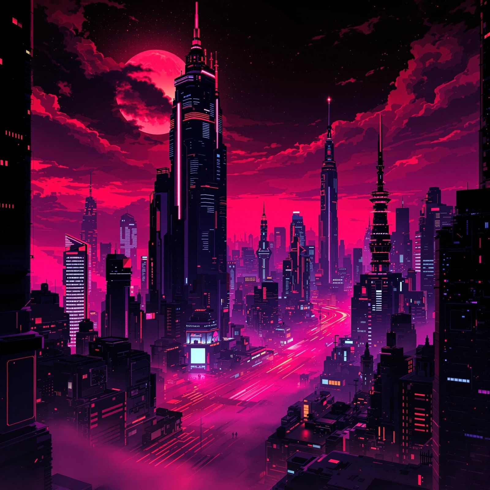 Neon Cityscape in Synthwave Retro-Futuristic Style