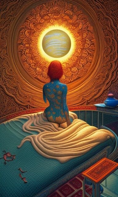 Surreal Sun and Moon Bed Fairytale, Detailed Art