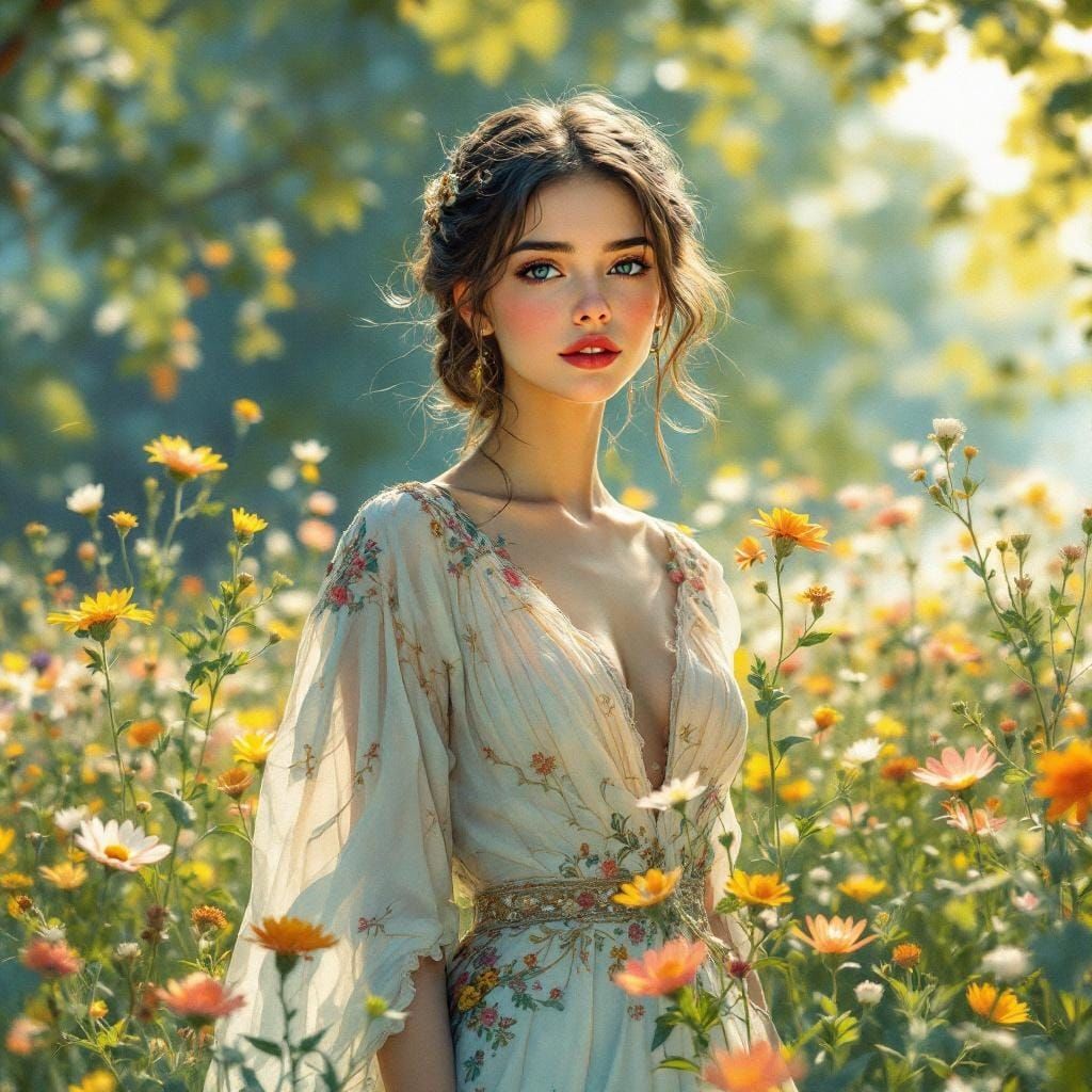 Elegant Woman in Meadow, Art Nouveau Style