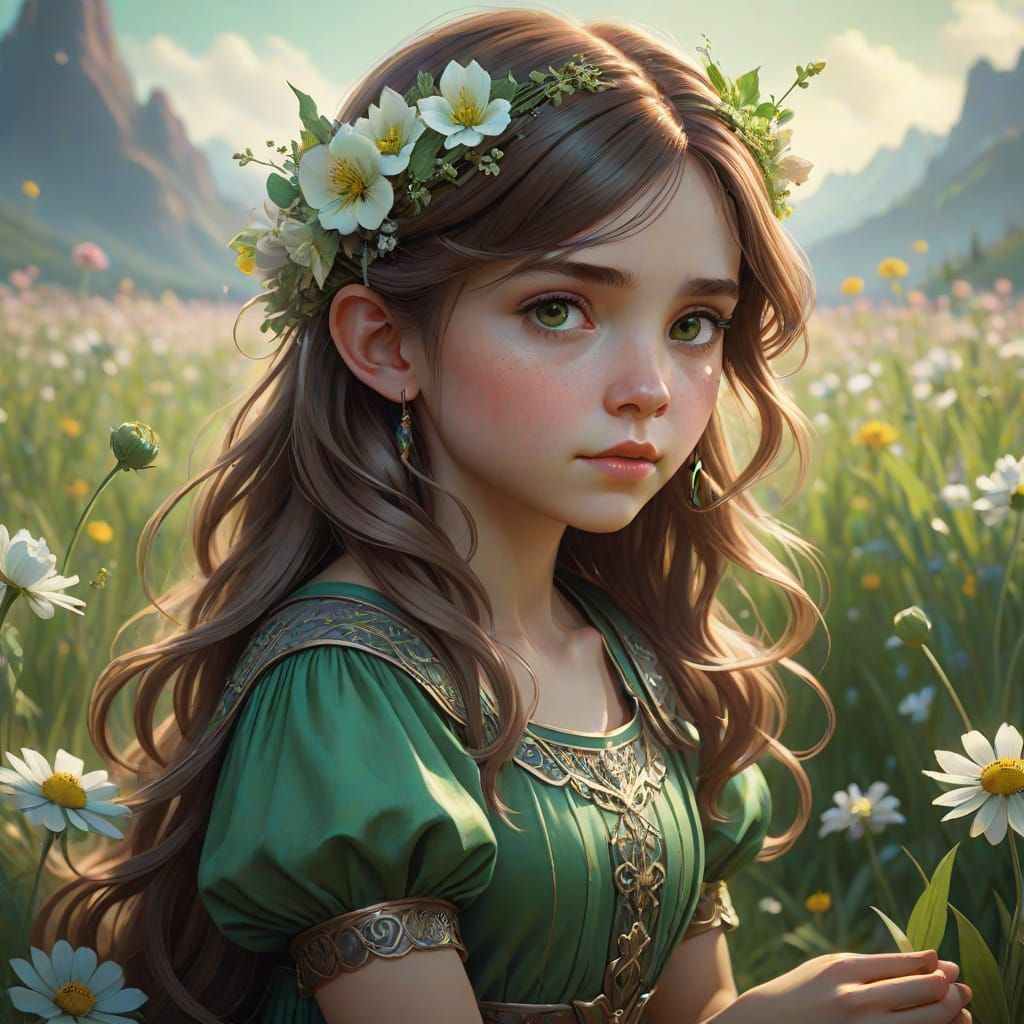 Girl with Fairy in Flower Field as Ethereal Oil Painting