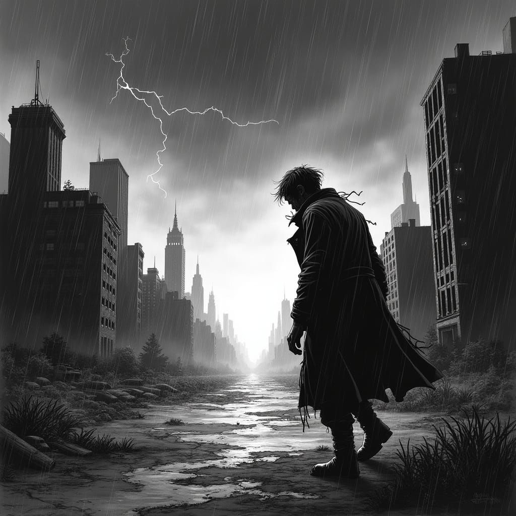 Monochrome Stormscape with Lone Figure in Tattered Coat