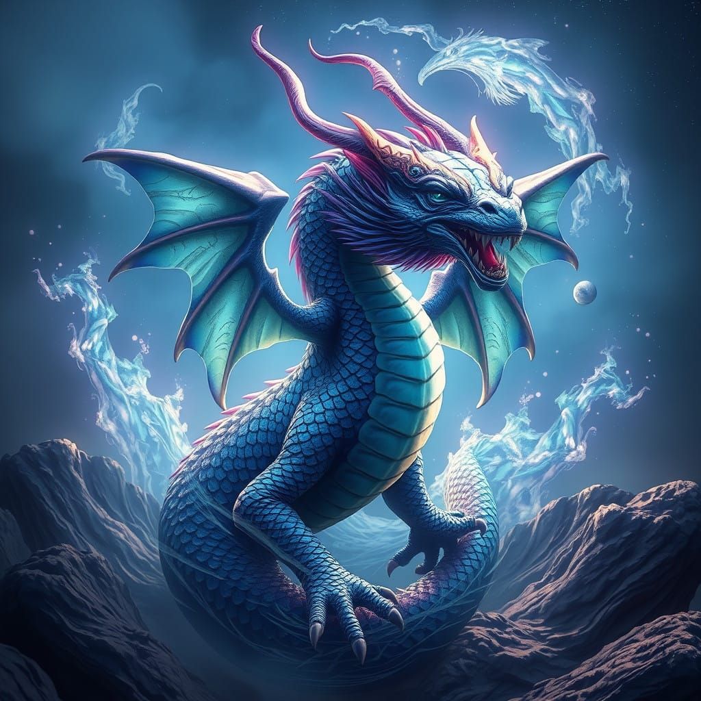 Fantastical Pisces Dragon in Vibrant Blues and Purples