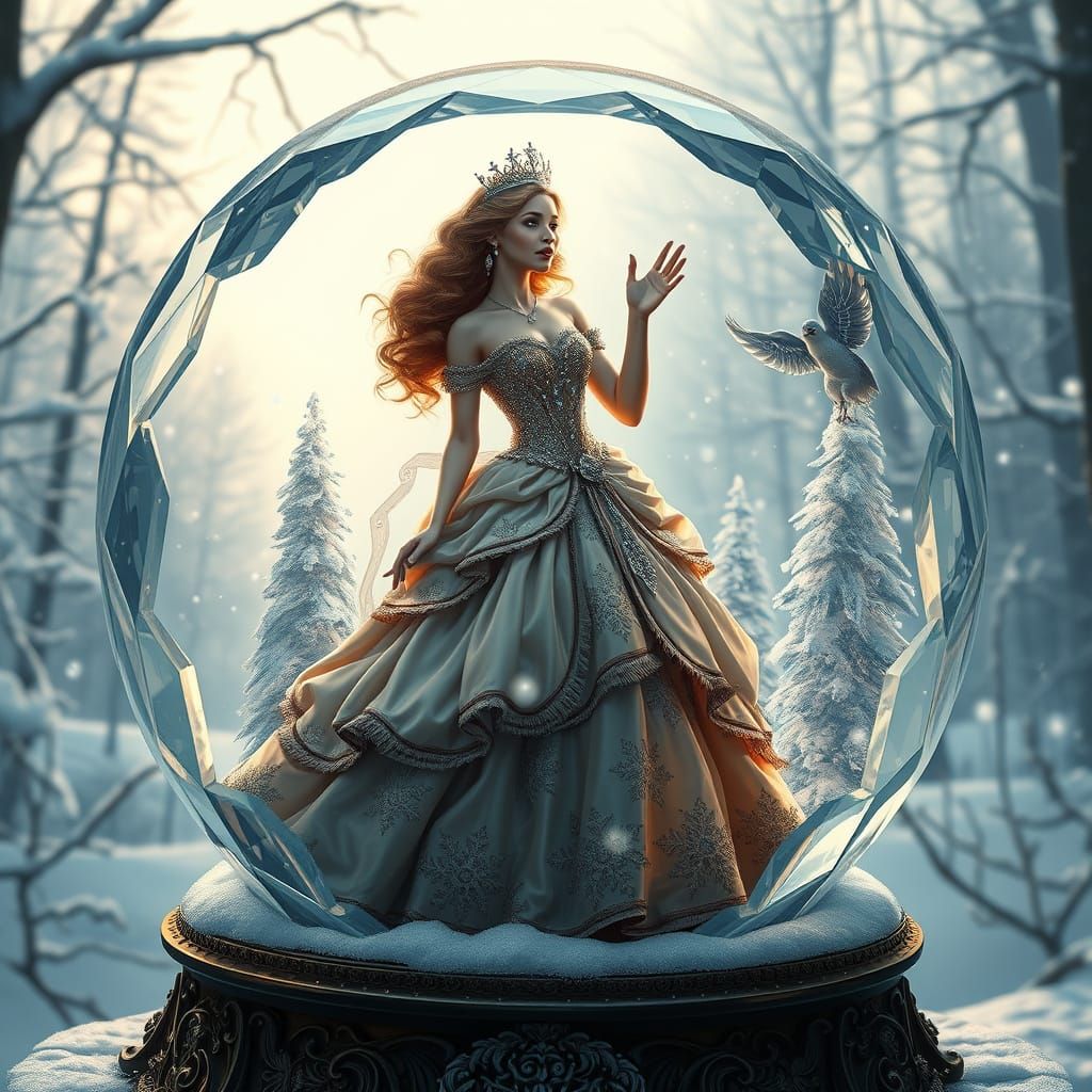 Princess in Transparent Snow Globe, Shouting in Serene Winte...