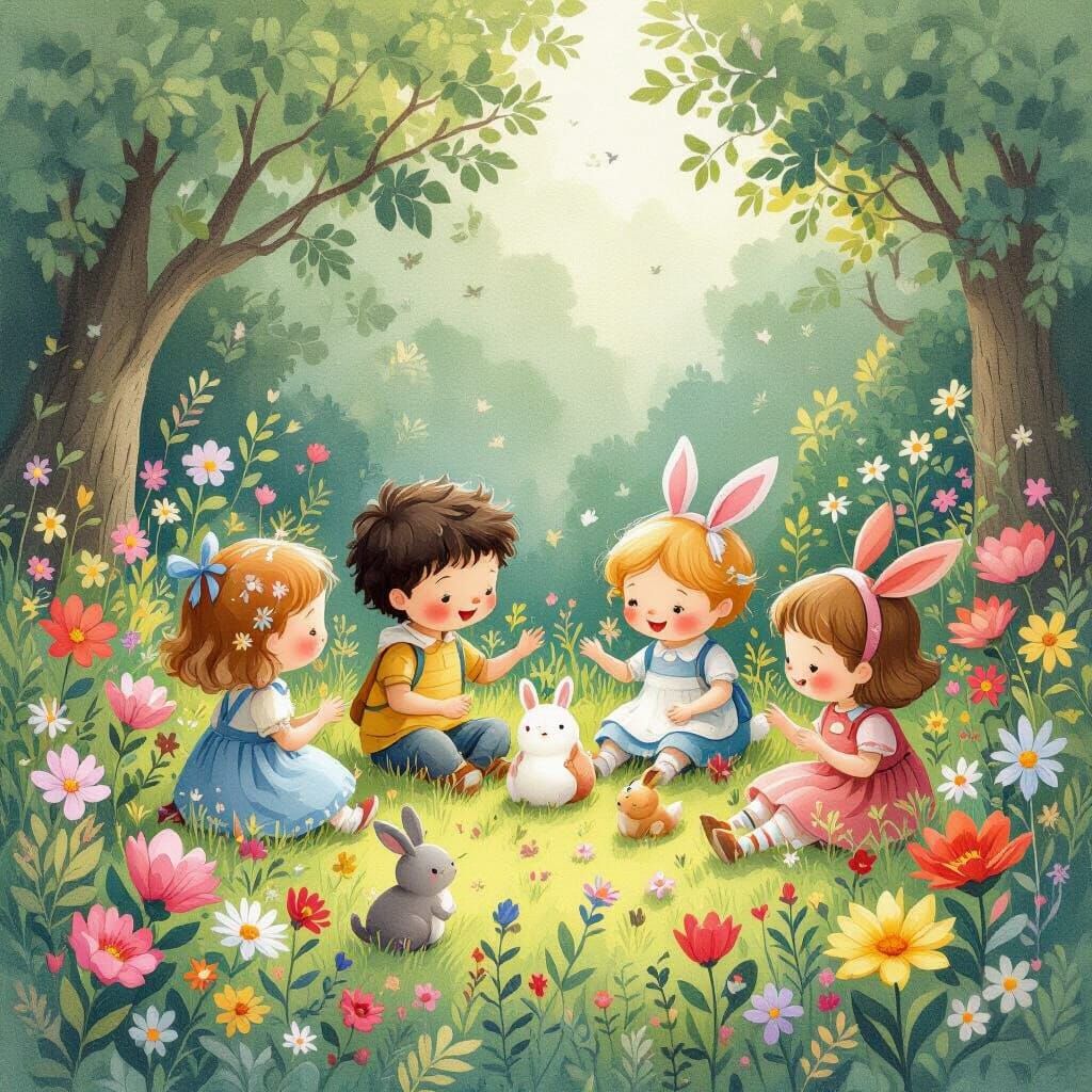 Whimsical Children's Garden in Watercolor Style