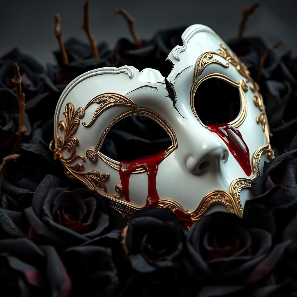 Shattered Opera Mask on Black Roses in Gothic Style