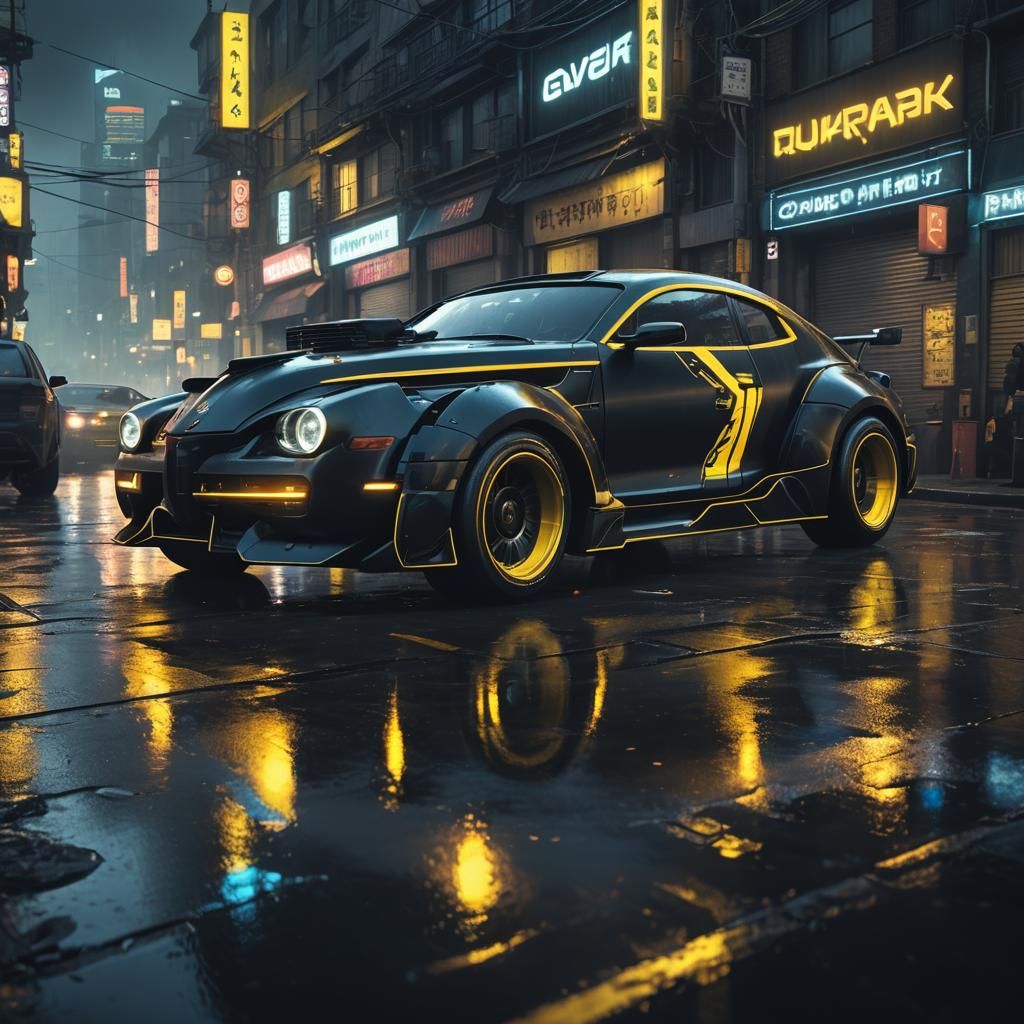 Cyberpunk 1940s Car Concept Art in Neon City