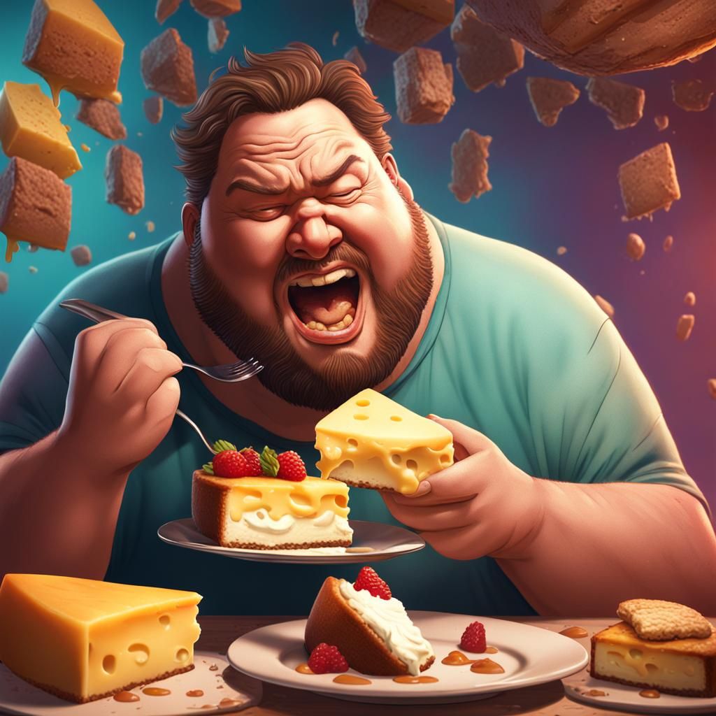 Hyperrealistic Fat Man Indulging in Cheesecake