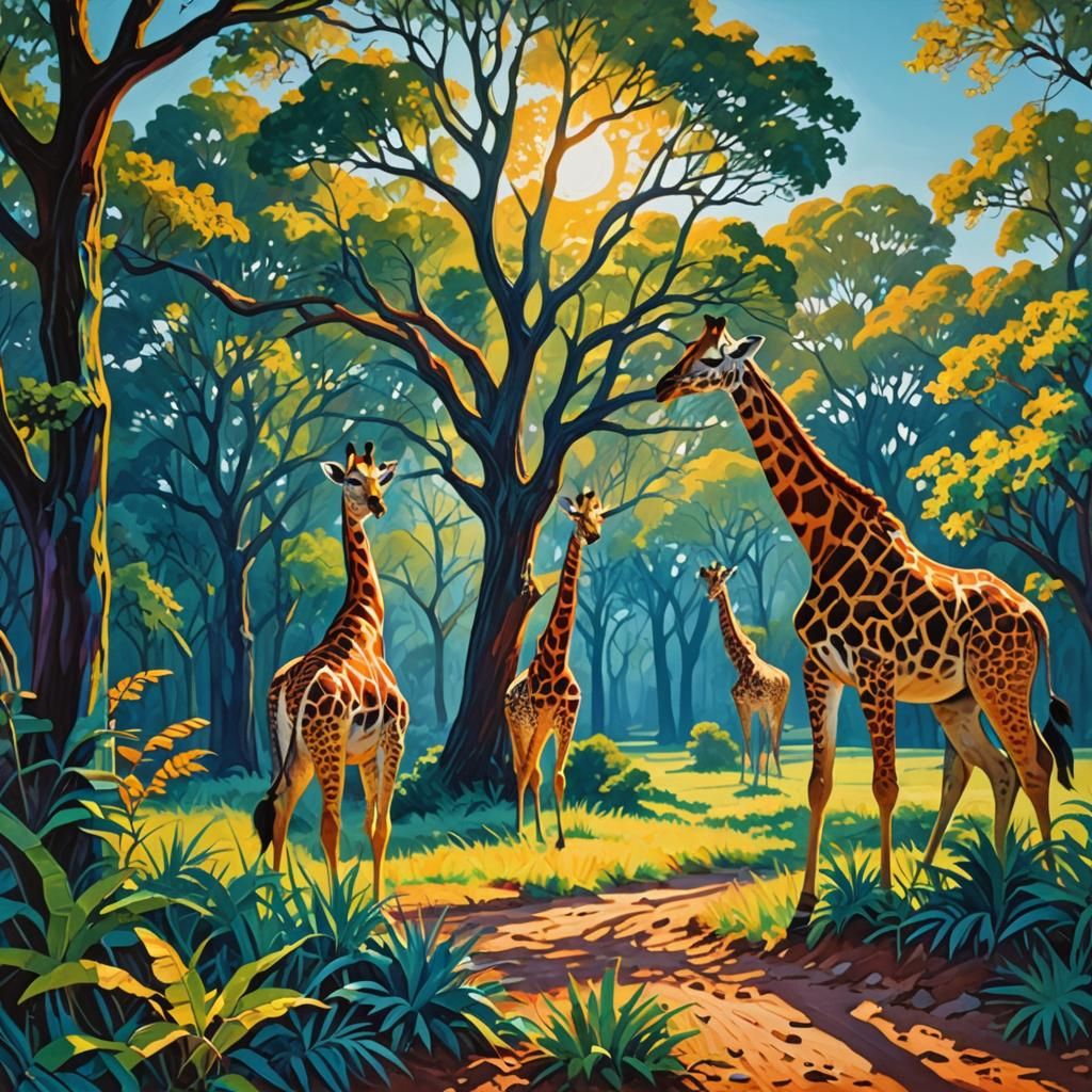 Giraffes Roaming Freely in Fauvist Painting