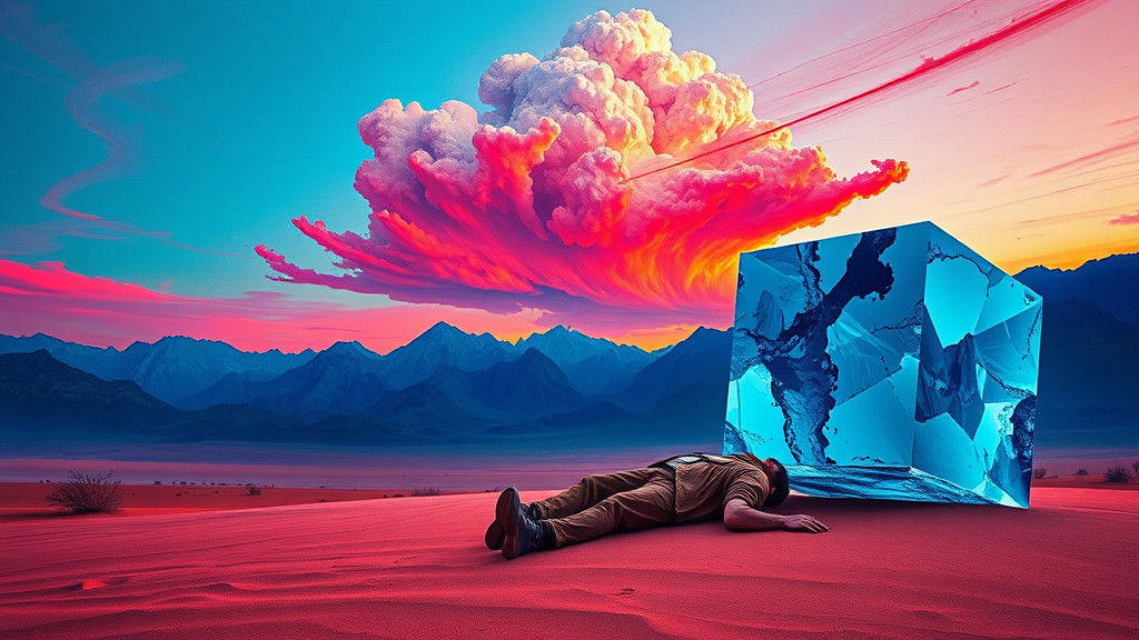 Surreal Desert Landscape with Giant Ice Cube, Dreamlike Art