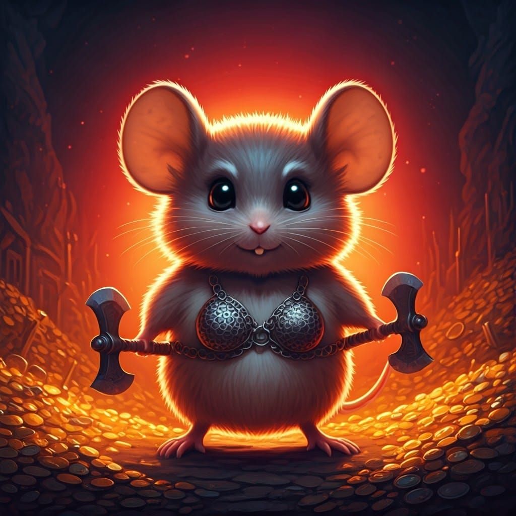 Mouse Barbarian in Dragon's Hoard, Fantasy Art