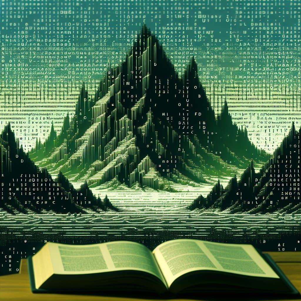 Matrix style Concept Alien Mountain-scape in Binary acsii art Sea-scape made from letters and fonts, overlayed letters a...