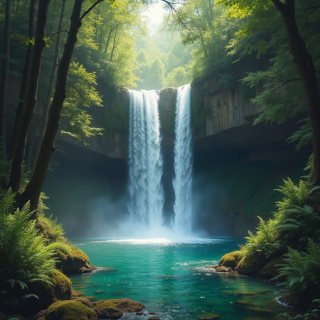 Serene Landscape with Hidden Waterfall and Lush Forest