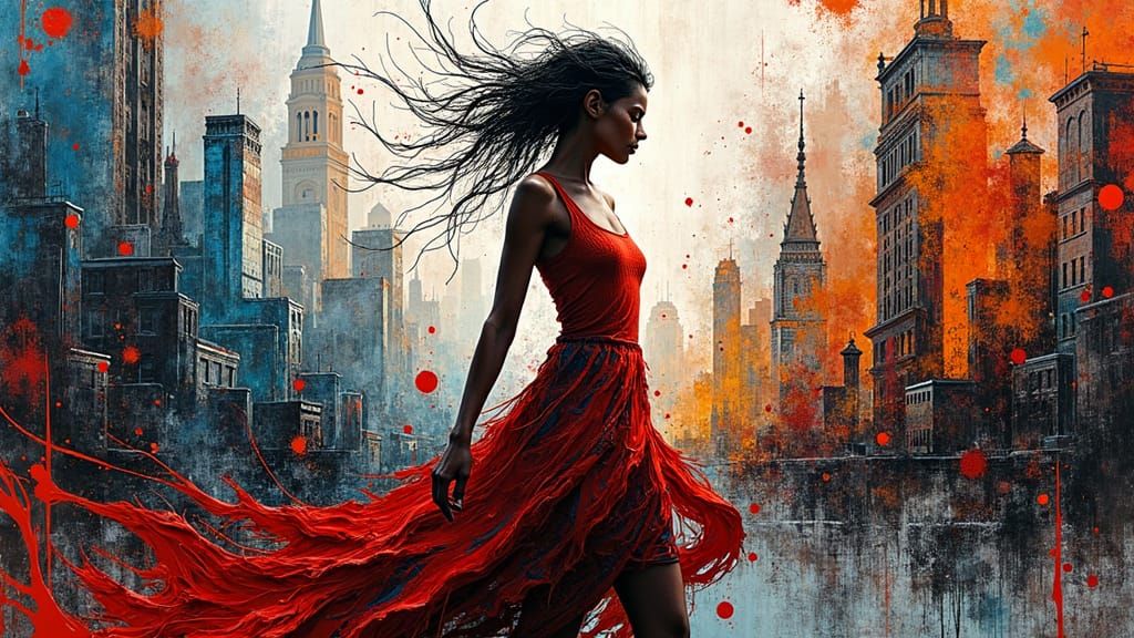 Abstract Female Figure in Dynamic Cityscape