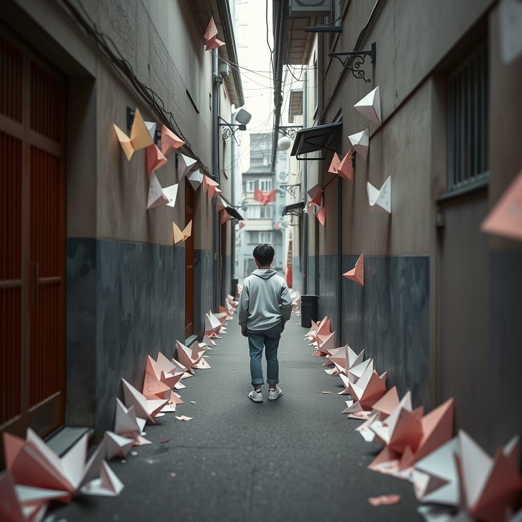 Solitary Figure in Origami Alley, Dreamy Papercraft Art