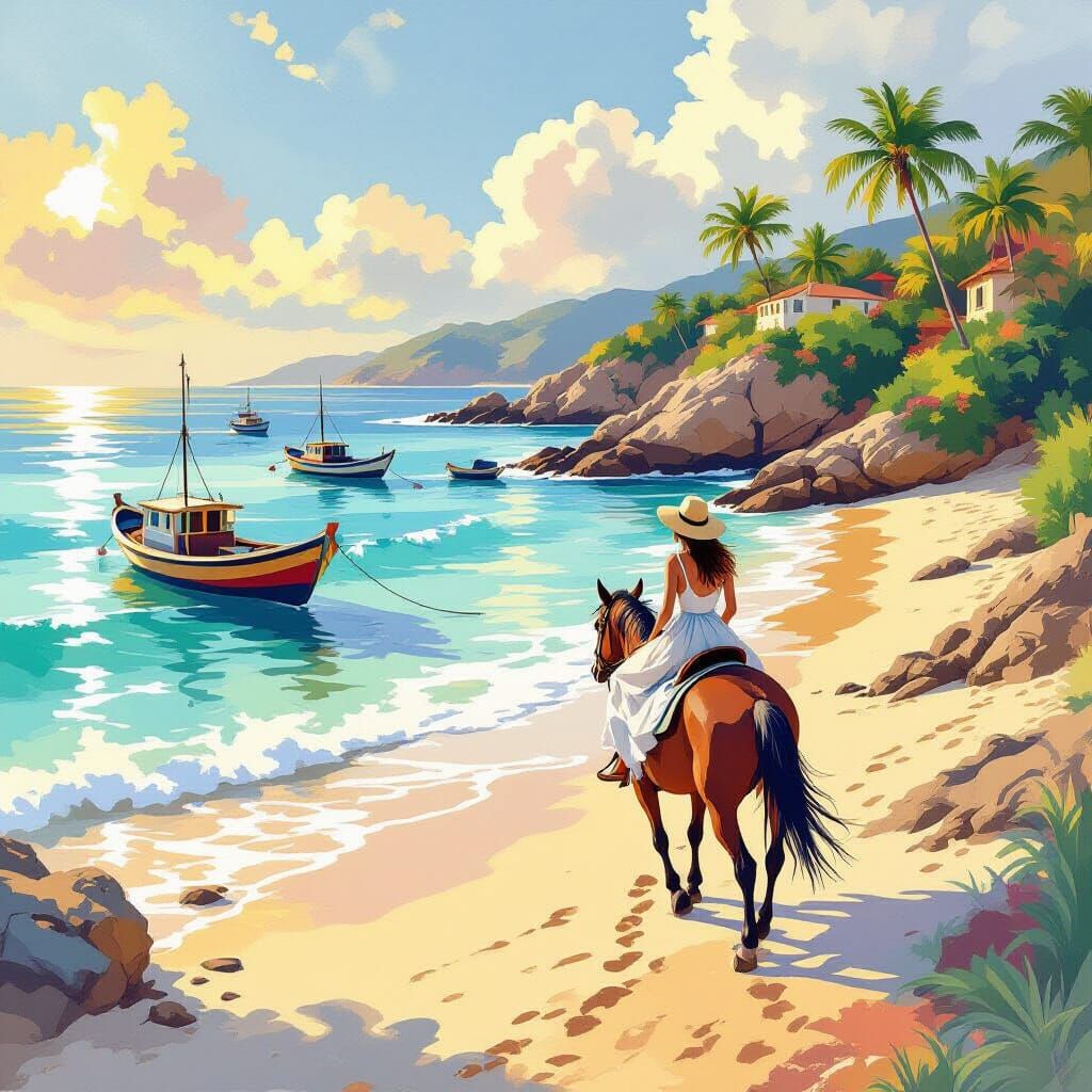 Woman Rides Horse on Tropical Seaside at Golden Hour