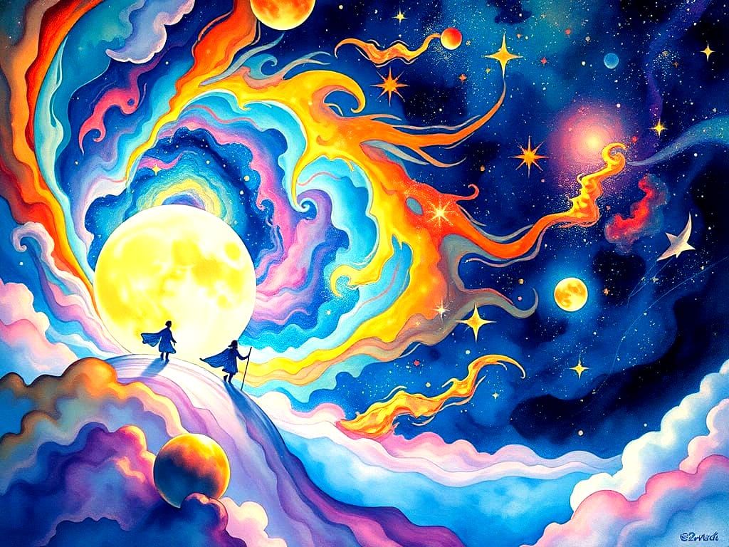 Dreamy Starlit Landscape in Watercolor Style