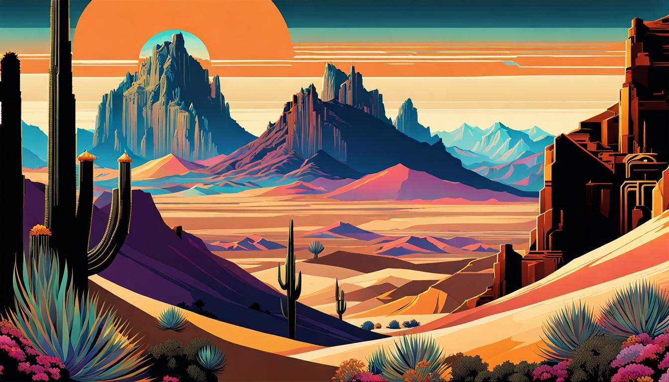 Abstract Art Deco Desert Landscape with Mountains