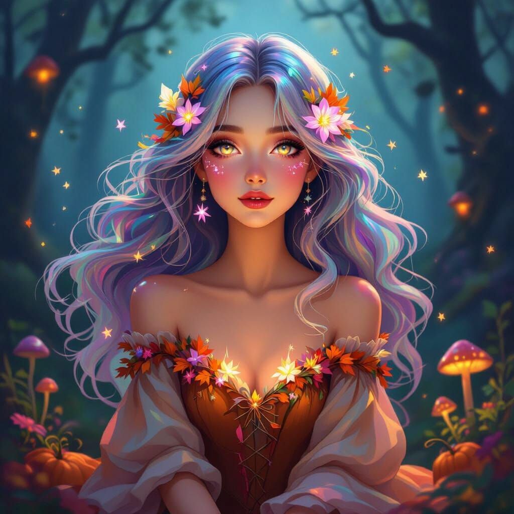 Whimsical Autumn Woman With Iridescent Hair and Starlit Eyes