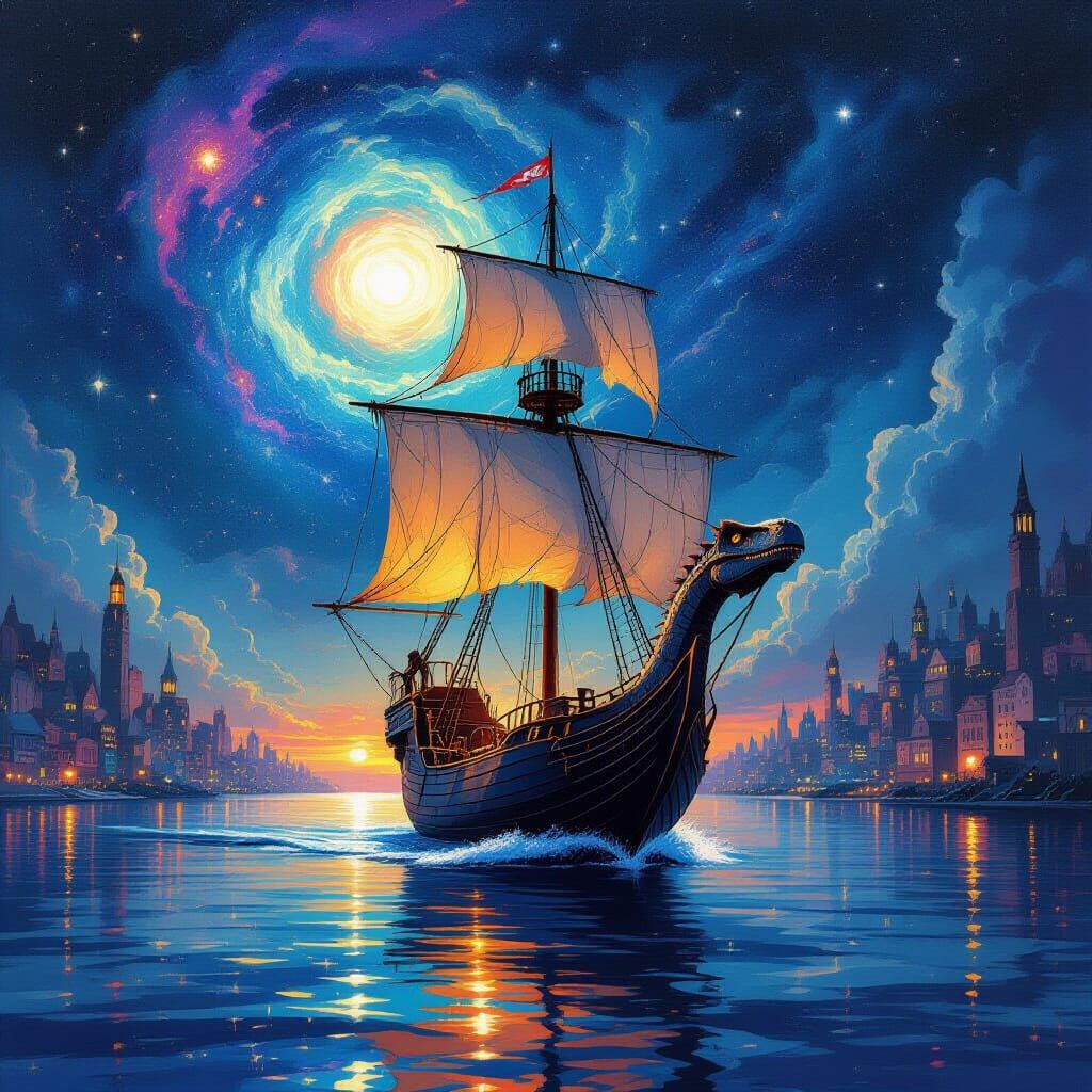 Dinosaur Sails Through Starlit Town Under Nebulae Hall