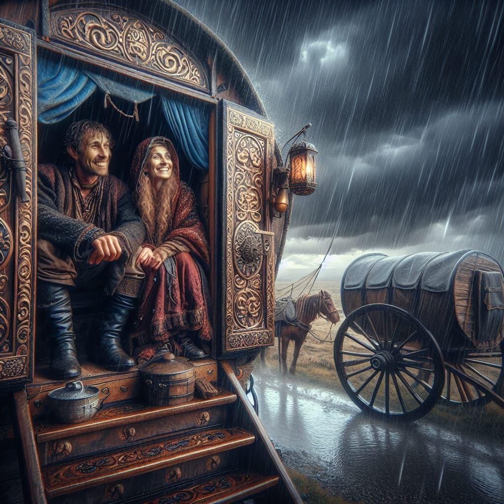Ornate Caravan Door Reveals Rainy Day Joy