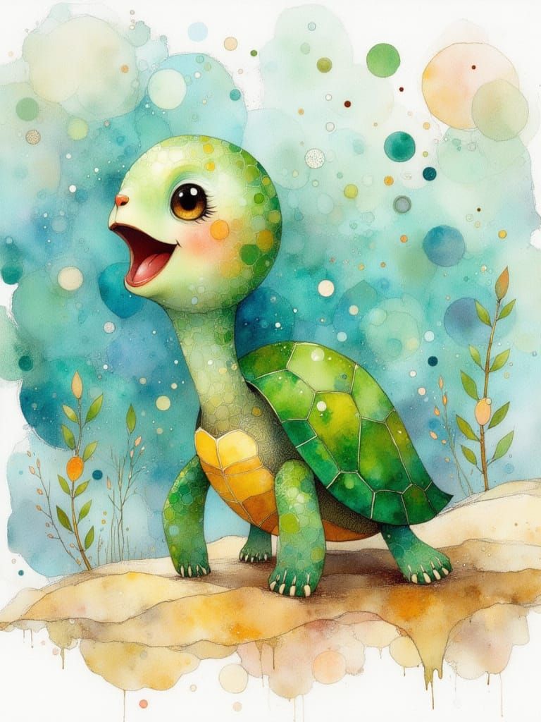 Joyful Singing Turtle on the Shore, Watercolor Impasto