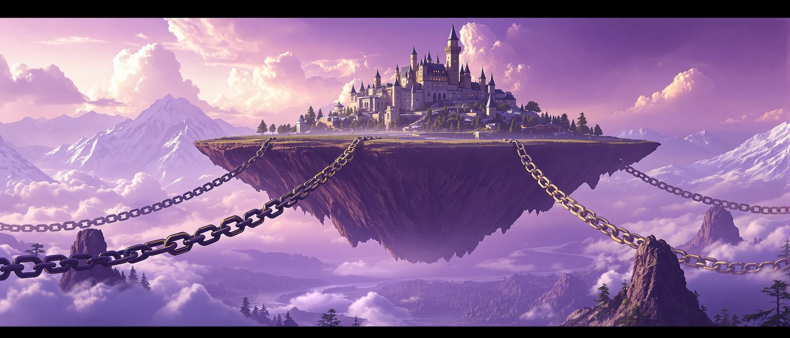 Floating Island with Castle Above Landscape, Connected by Ch...