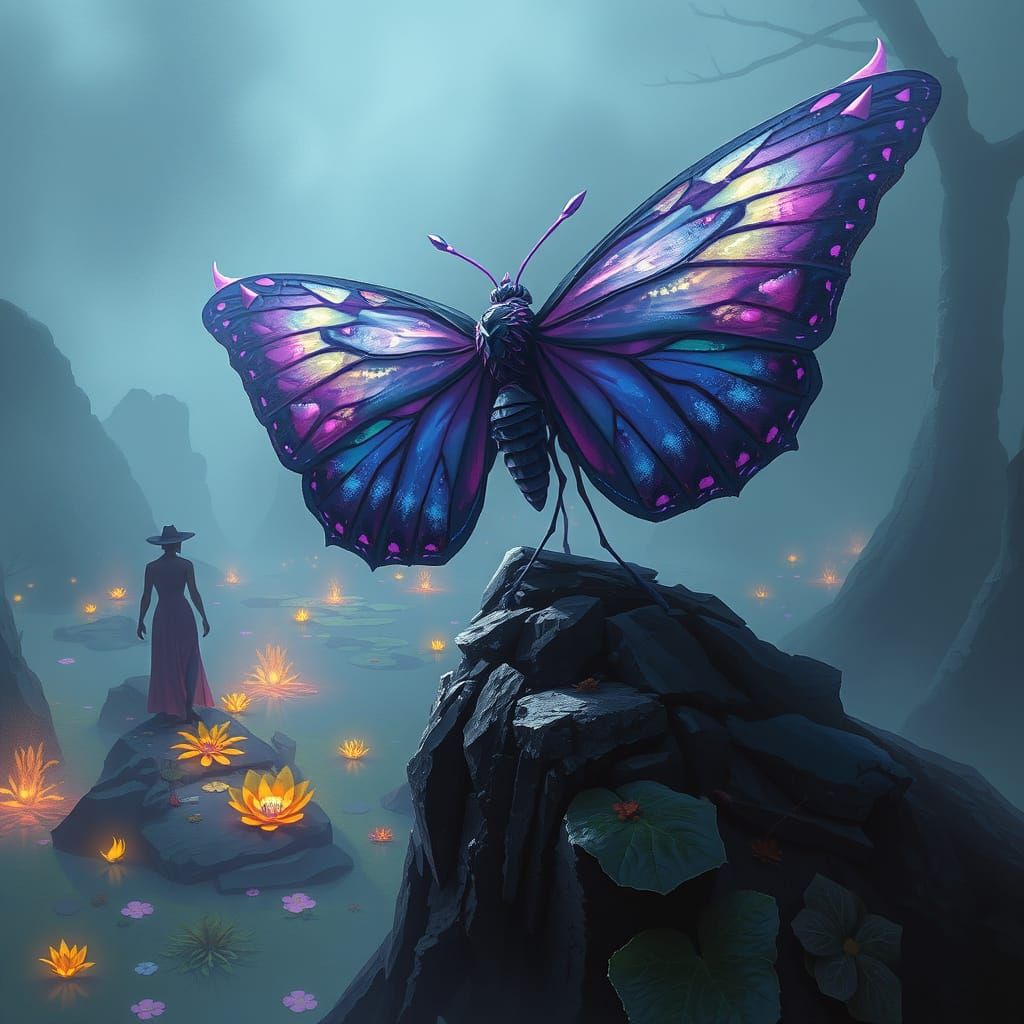 Amethyst Spiked Butterfly Overlooking Misty Swamp