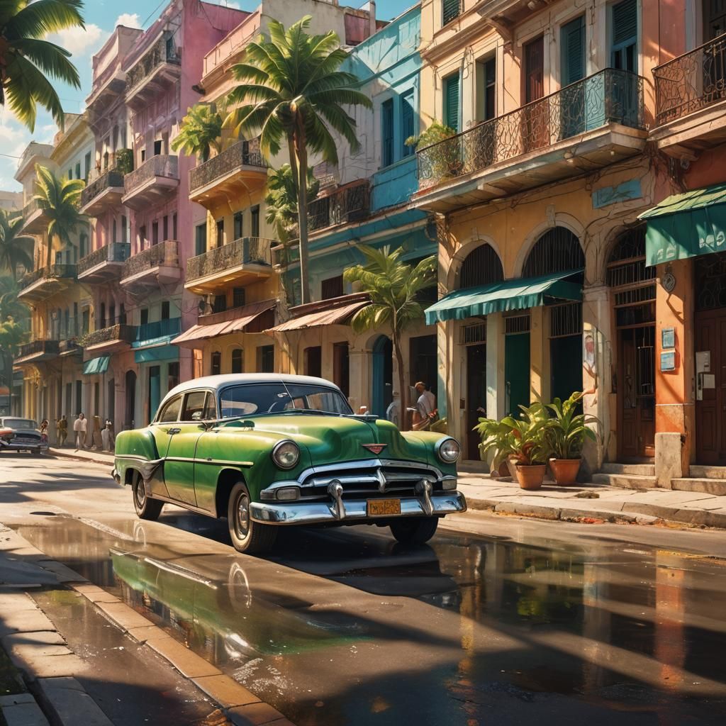 Vintage Car in Cuba: Hyperrealistic Splash Art