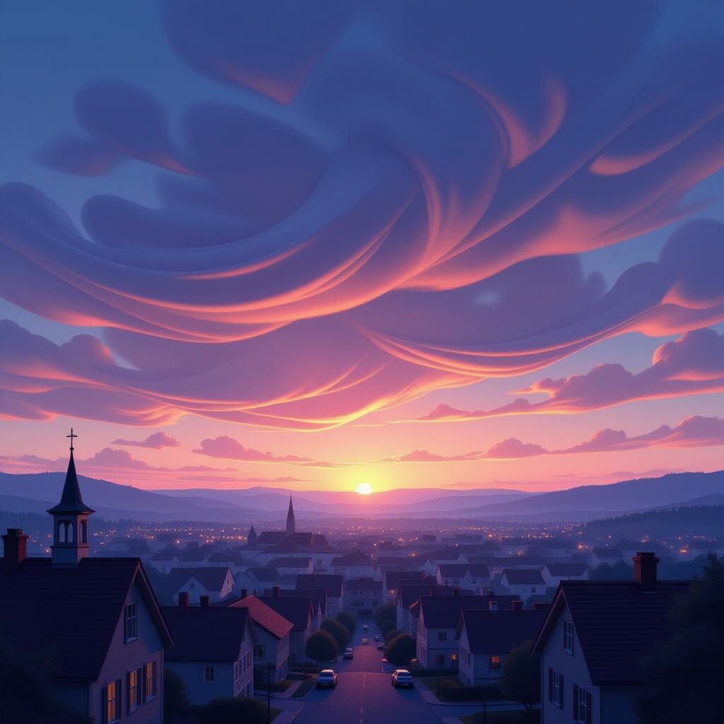 Surreal Sky Folds Over Sleeping Town at Twilight