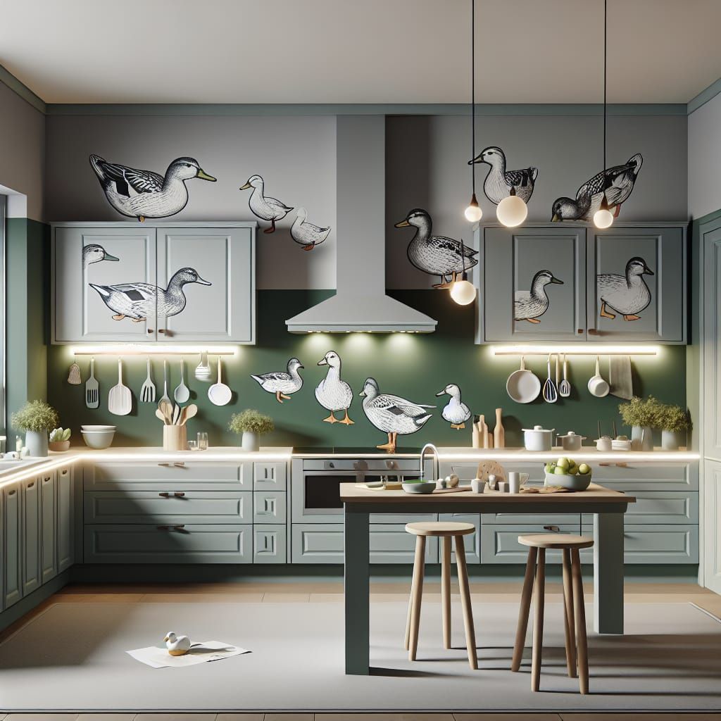 Charming Grey and Green Duck-Themed Kitchen Design