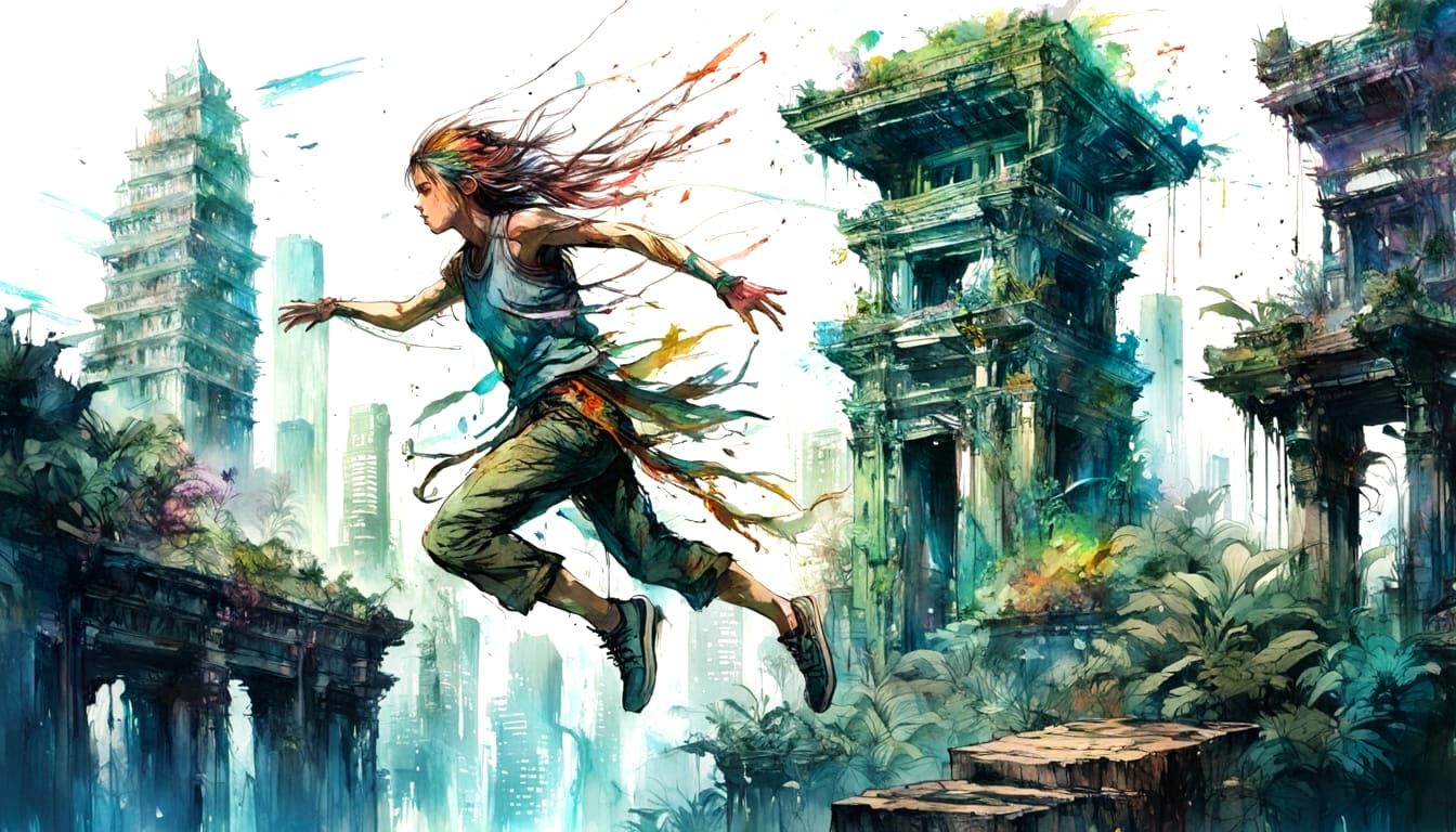 Jungle Ruins Meet Neon City in Watercolor Style