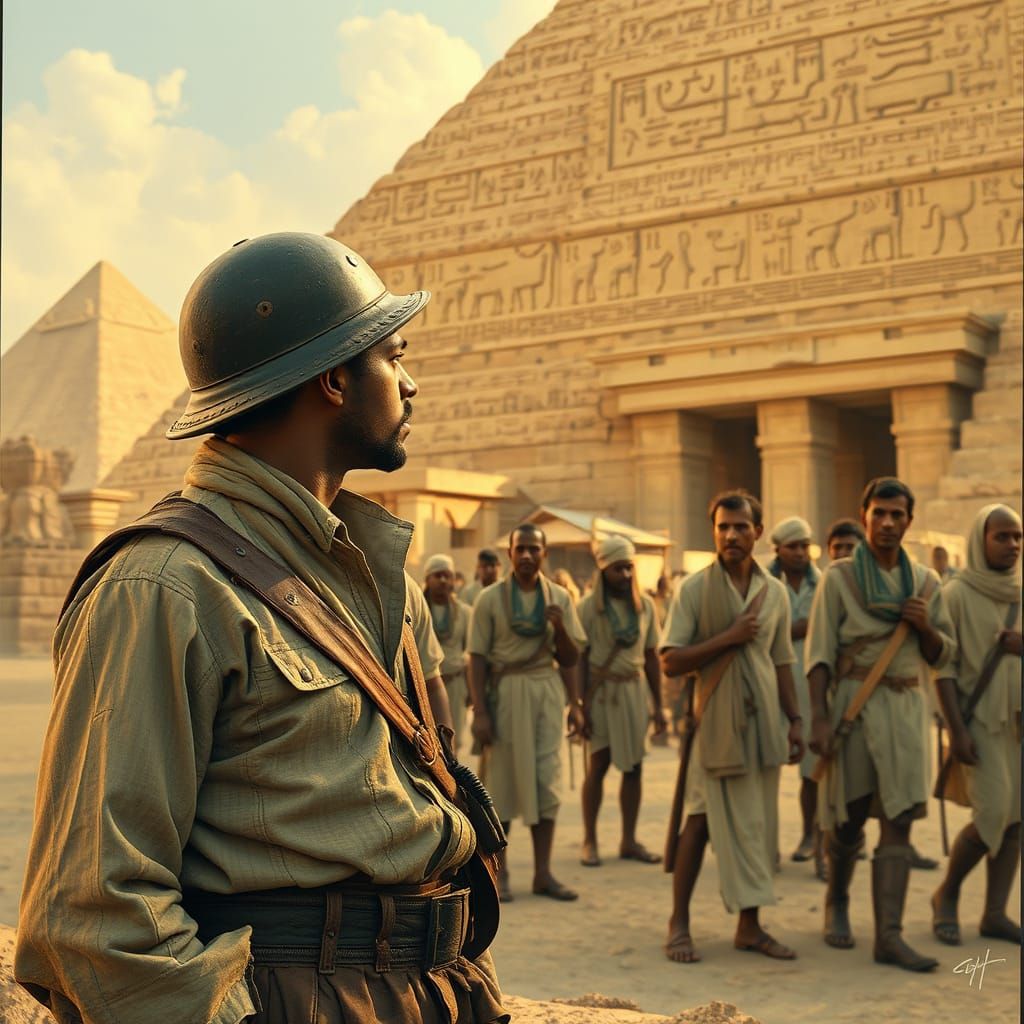 Scientist Observes Pyramid Construction in Retro Sci-Fi Styl...