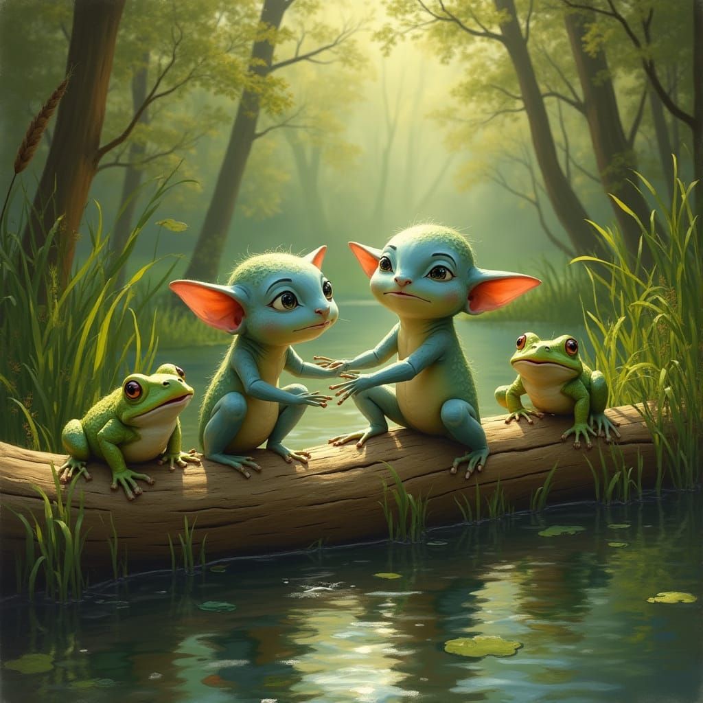 Whimsical Elfin Humanoids Play with Frogs in a Serene Forest