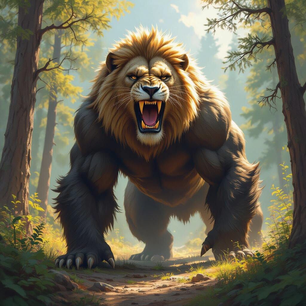 Majestic Hybrid Creature in Sun-Dappled Forest Clearing