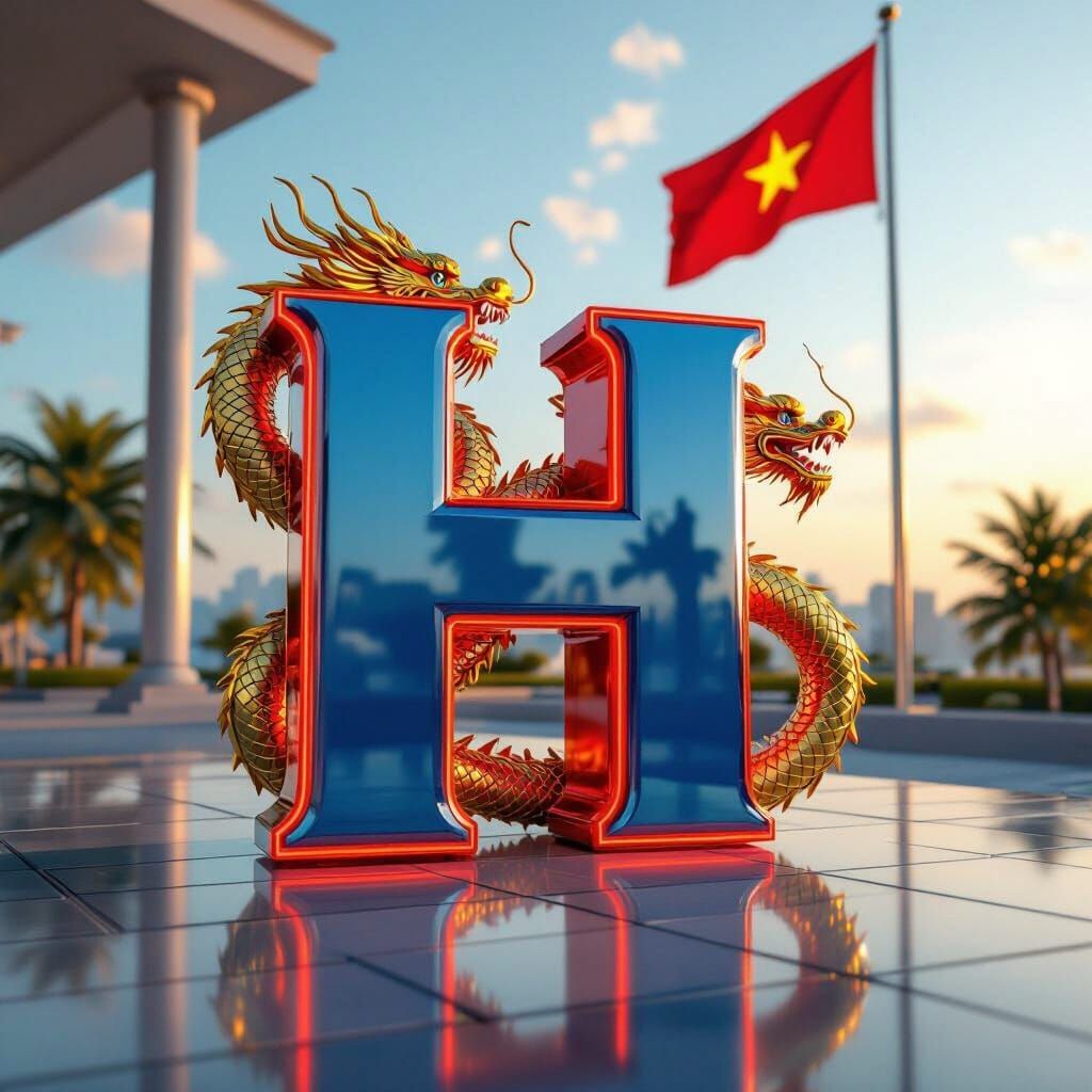 3D Letter H with Dragon and Flag in Futuristic Style