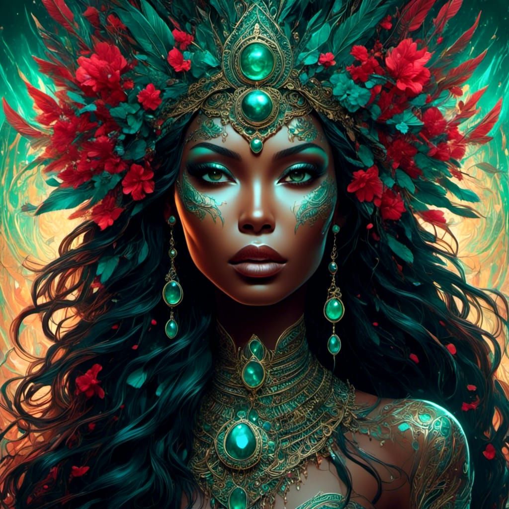 Ruby-Adorned Woman with Green Eyes in Ethereal Art